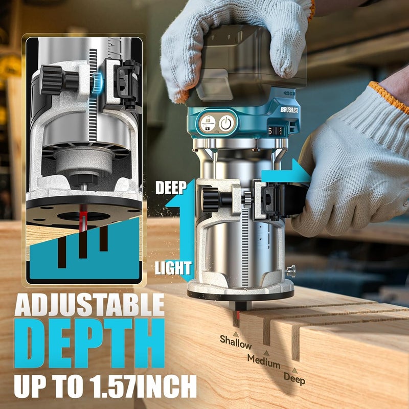 MtiolHig Cordless Compact Router Compatible with Makita 18V Battery, With 15Pcs Router Bits 6 Variable Speeds for Woodworking, 800W 30000 RPM Fixed Base Wood Router With Trim Bits - Image 4